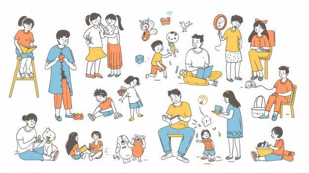 Os momentos felizes da família passando tempo juntos em um estilo de design plano ilustração moderna minimalista