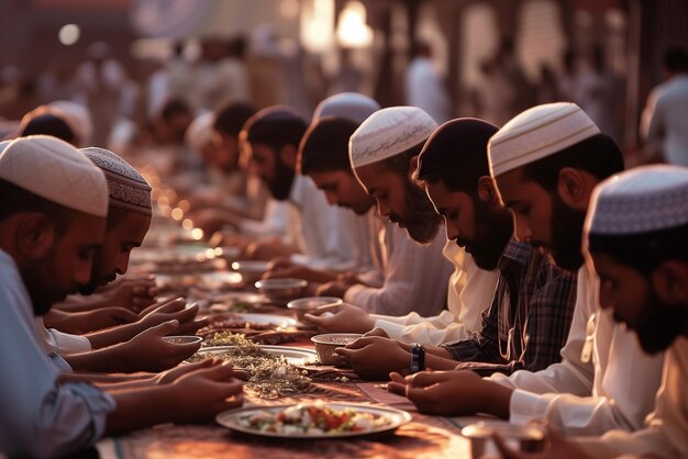 Foto os muçulmanos rezam enquanto observam o primeiro dia do sagrado ramadã hoje, jejuando do amanhecer ao anoitecer.