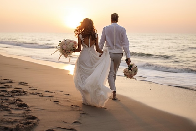 Os noivos caminham pela praia ao pôr do sol. Casamento moderno na praia