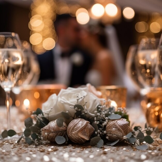 os noivos estão sentados à mesa com taças de champanhe e taças de champanhe.