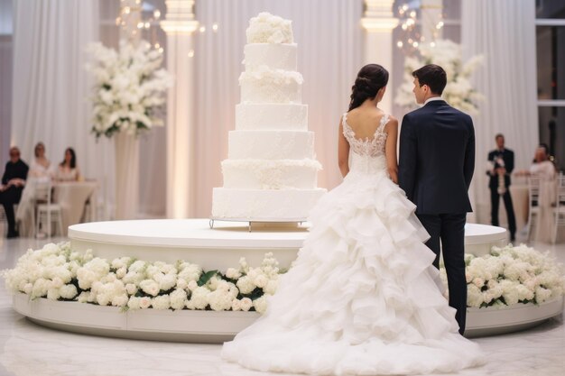 Os noivos olham para um grande bolo de casamento branco