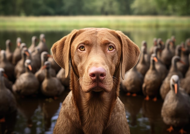 Os olhos atentos de um Chesapeake Bay Retriever focados em um bando de patos à distância