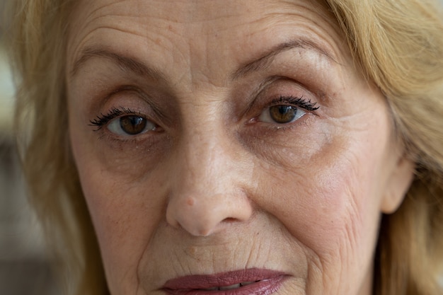 Foto os olhos de uma mulher idosa olham para a câmera em close