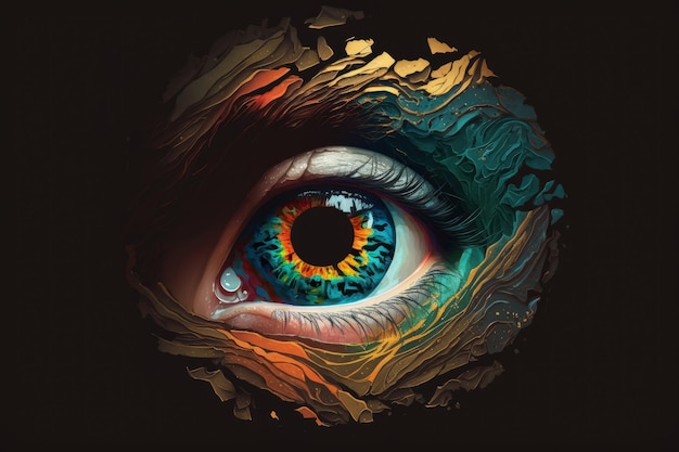 Os olhos de uma mulher são retratados de forma abstrata, espiando por um buraco aberto em um fundo escuro