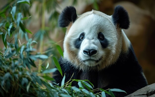 Foto os olhos pretos cativantes do panda refletem tanto a curiosidade quanto a calma