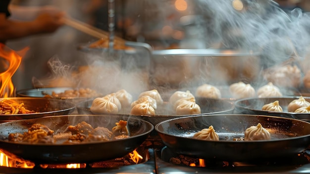 Foto os orgulhosos vendedores ambulantes de chinatown servem bolinhos de assinatura em meio a panelas ardentes conceito fotografia de comida cozinha tradicional cozinha de rua cozinha chinatown delicias culinárias