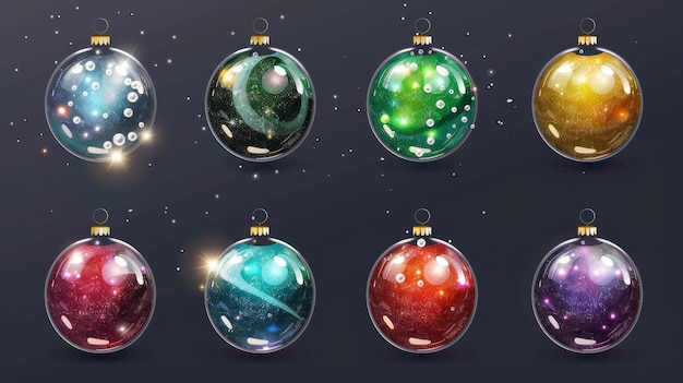 Os ornamentos perfeitos para a árvore de Natal que todas as crianças vão adorar Set de ilustrações modernas realistas de bolas coloridas com brilhantes brilhantes Esferas de cristal de Ano Novo com brilhações Férias de Inverno redondas