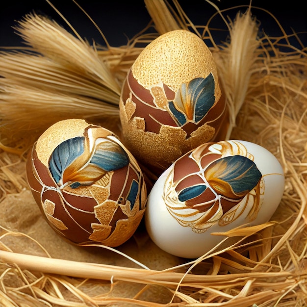 Os ovos de Páscoa são decorados com padrões marrons feitos à mão Generative AI