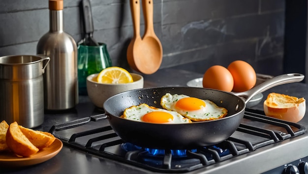 Os ovos são fritos numa frigideira na cozinha deliciosamente