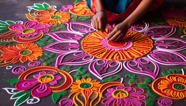 Foto os padrões intrincados e cores vibrantes de um gudi padwa rangoli