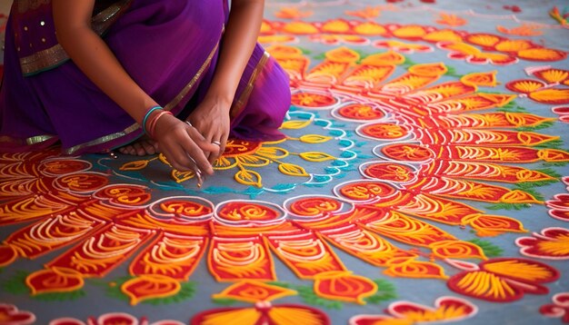 Foto os padrões intrincados e cores vibrantes de um gudi padwa rangoli