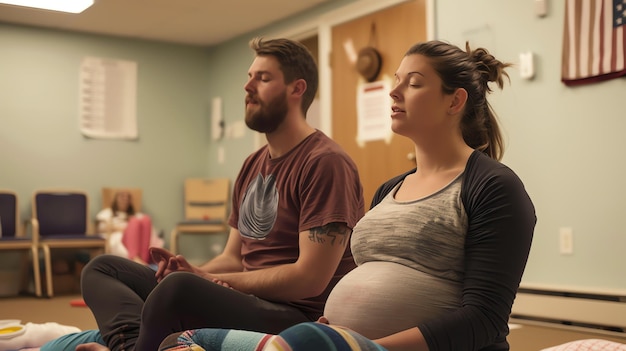 Foto os pais grávidos assistem a uma aula de parto. eles estão sentados no chão em uma posição confortável, ouvindo o instrutor.