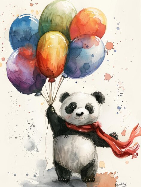 Os pandas apanham balões e voam. as crianças desenham.