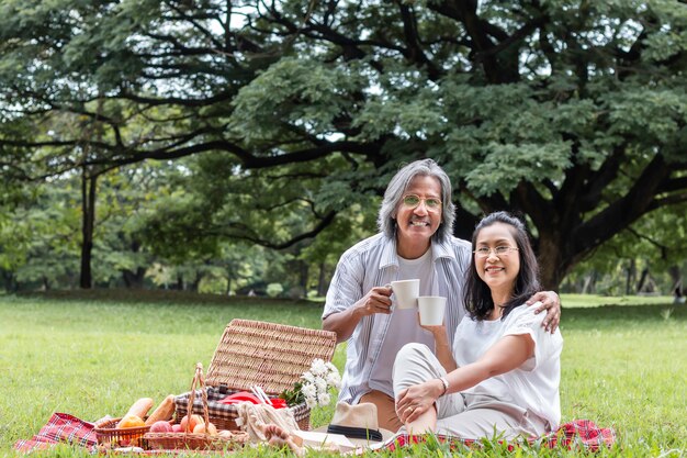 Os pares sênior asiáticos que bebem o café e fazem um piquenique no parque.