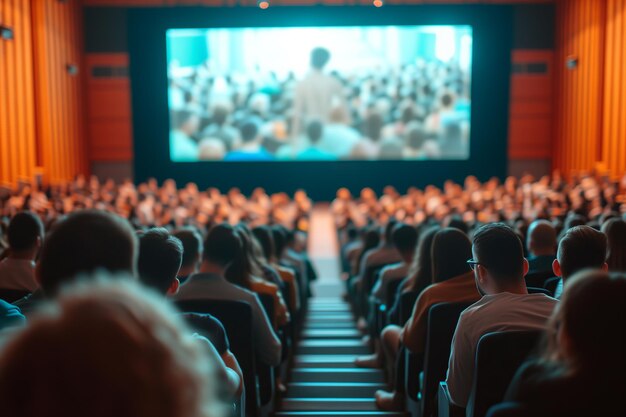 Os participantes da conferência absorvidos por uma apresentação principal