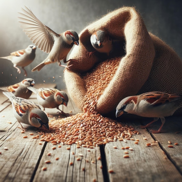 Os pássaros picam o trigo de um saco
