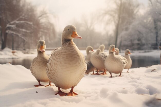 Os patos estão de pé na neve