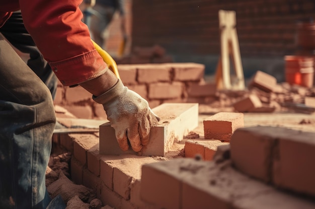 Os pedreiros colocam tijolos com cimento durante a construção de uma casa no inverno Ai gerado