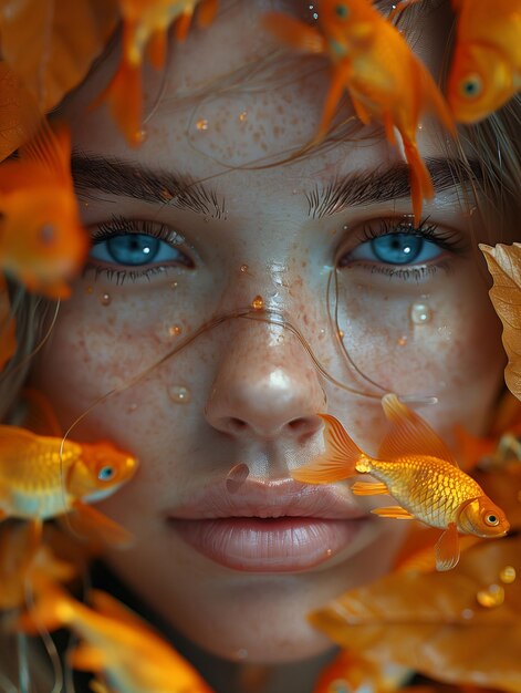 Os peixes-dourados nadam em volta das mulheres de beleza com os rostos de perto.