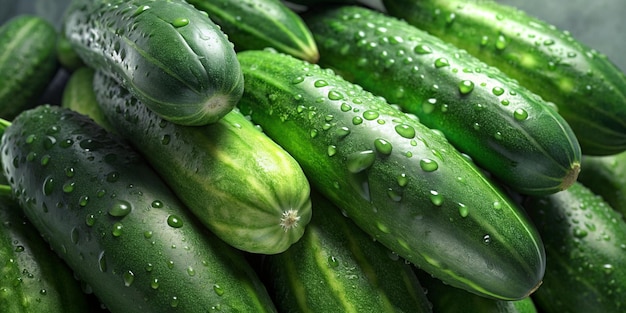 os pepinos são cultivados em uma pilha, incluindo uma que tem gotas de água sobre ela