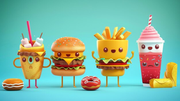 Foto os personagens de desenhos animados retro têm rostos bonitos estes personagens de animados têm emoções como hambúrguer e batatas fritas copo de refrigerante e donut com marshmallow taco e batatas chiques