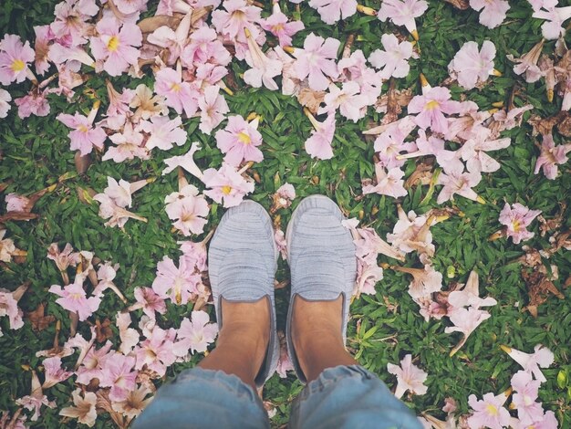 Os pés da mulher de selfie em flores de trombeta cor-de-rosa caíram sobre a grama verde.