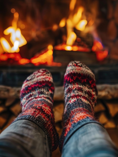 Os pés de uma pessoa são mostrados em frente a uma lareira com o fogo lançando um brilho quente em seus dedos do pé Conceito de conforto e relaxamento, já que a pessoa provavelmente está desfrutando do calor do fogo