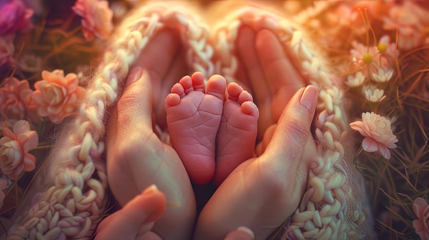 Os pés do recém-nascido nas mãos de sua mãe fazendo um sha de coração