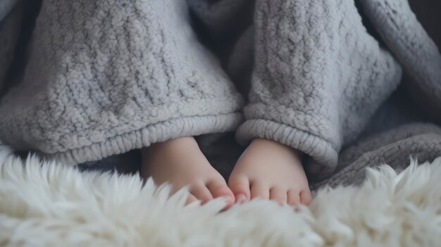 Os pés dos bebês cobertos por um cobertor