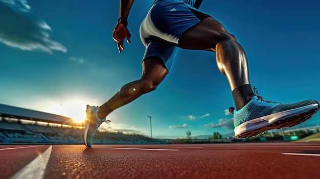 Os pés próximos do homem correndo e treinando na pista de corrida