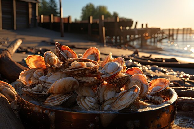 Foto os pescadores cultivam e pesquisam amêijoas em fazendas orgânicas para vendê-las no mercado como ingredientes em restaurantes