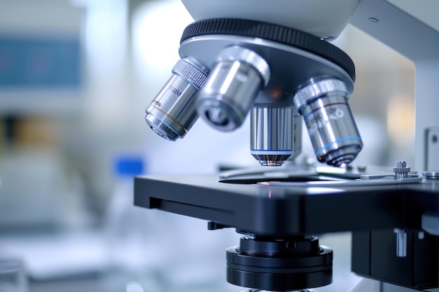Os pesquisadores médicos examinam as células sob um microscópio no laboratório.