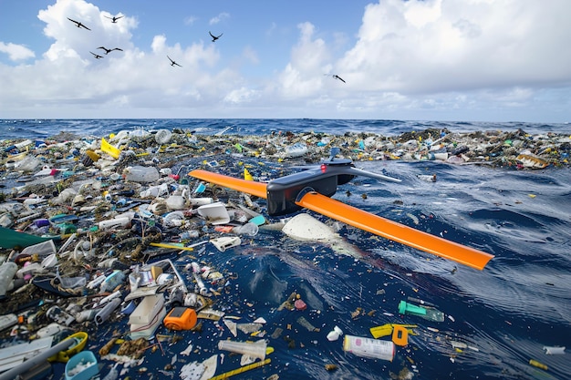 Foto os pesquisadores monitoram drones autônomos que esfregam detritos na superfície durante a operação de limpeza do oceano