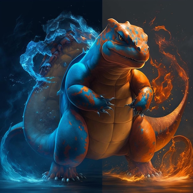 Os pokémon gophers estão na mesma imagem com um fundo de fogo e água.