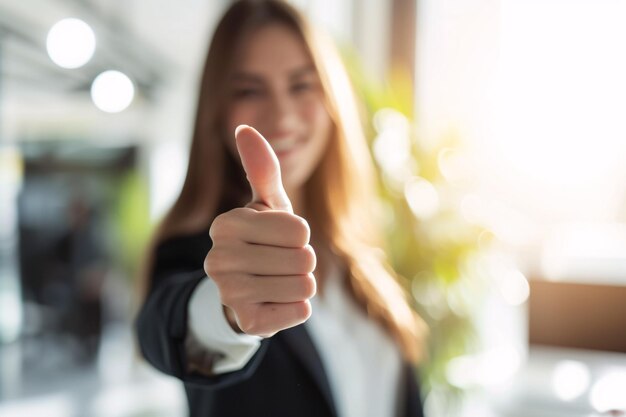 Foto os polegares para cima confusos e a mulher trabalhadora concorda fazendo um gesto de mão para expressar que está feliz