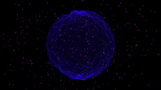Os pontos azuis da esfera digital do fundo abstrato dos dados das ondas 3d são conectados em uma rede