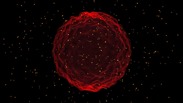 Os pontos azuis da esfera digital do fundo abstrato dos dados das ondas 3d são conectados em uma rede