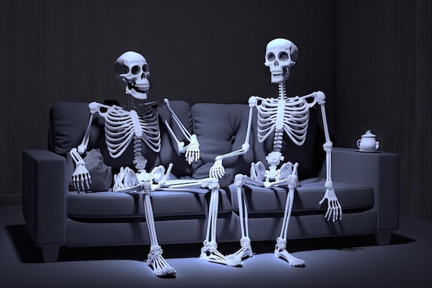 Os possíveis esqueletos alegres relaxam no sofá no quarto escuro