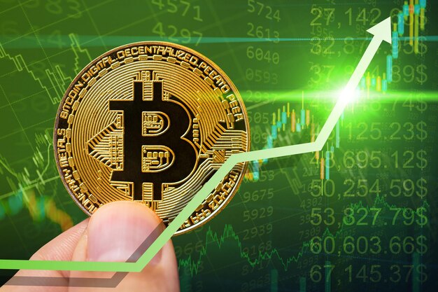 Os preços das criptomoedas aumentam o valor positivo da criptomoeda bitcoin novo conceito de mercado em alta