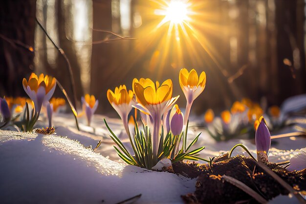 Os primeiros açafrões de flores de primavera em uma floresta com fundo de neve também têm espaço de cópia para texto