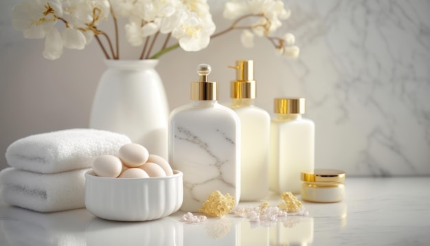 Os produtos cosméticos para cuidados com o corpo são exibidos lindamente em luz suave e elegante em um interior de banheiro branco com um foco seletivo de estilo moderno Generative AI