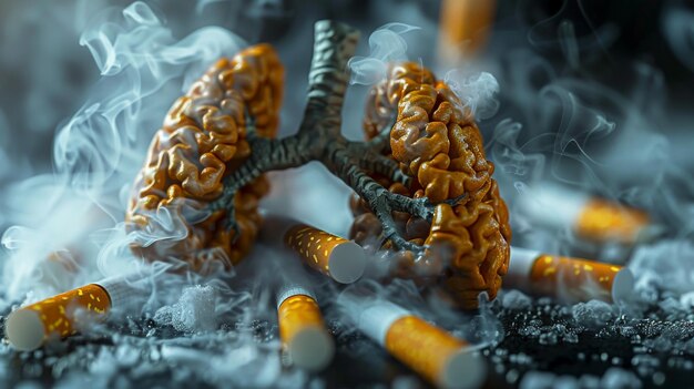 Os pulmões dos fumantes em fumaça e os cigarros em coletas de cigarros e podres destruíram os pulmões dos pacientes. Pulmões cancerosos. Estilo de vida não saudável.