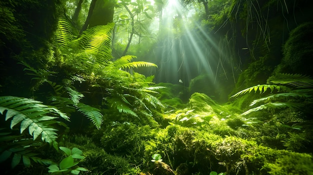 Os raios de luz da floresta encantada atravessam a vegetação verde