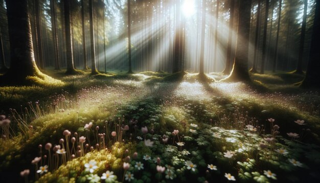 Os raios de sol atravessando um denso dossel e iluminando as flores silvestres abaixo