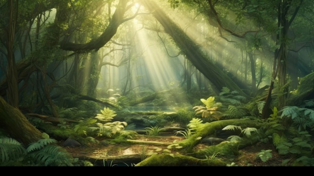Os raios de sol filtrando através da densa folhagem da floresta criados com tecnologia de IA generativa