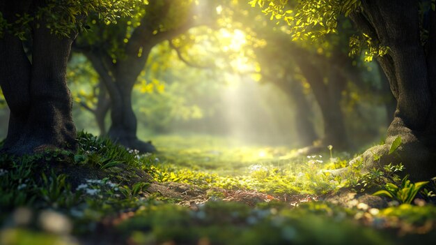 Os raios de sol fluem através de uma floresta verde, iluminando as partículas de poeira flutuantes e lançando um brilho mágico nas delicadas folhas verdes.