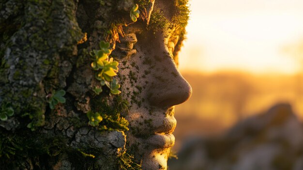 Os raios de sol se filtram através das árvores iluminando uma escultura de rosto coberta de musgo verde em um cenário sereno da floresta