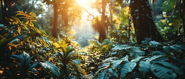 Foto os raios do sol atravessam a densa folhagem de uma exuberante selva tropical