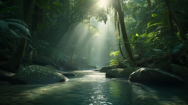 Os raios do sol brilham através da selva