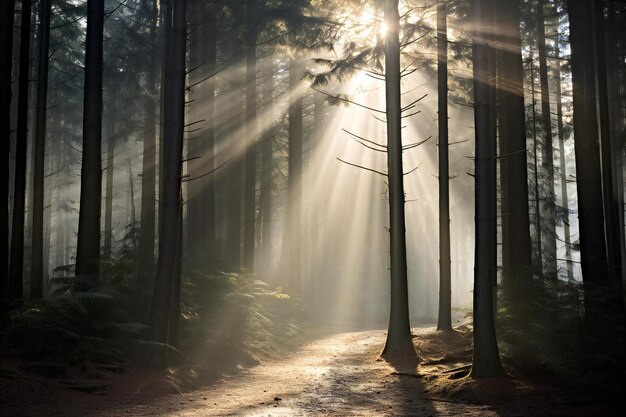 Os raios do sol brilhando através das árvores em uma floresta nebulosa pela manhã.